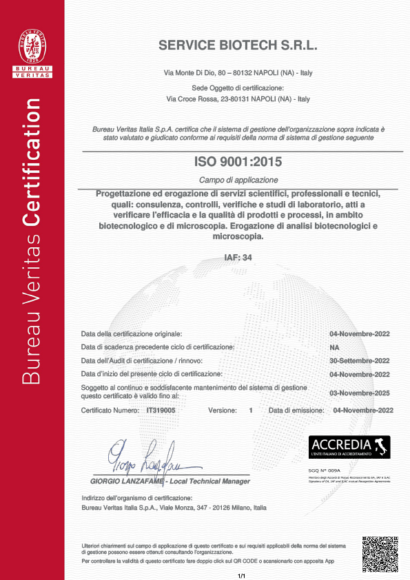 Certificato ACCREDIA ISO 9001:2015 n. IT319005
